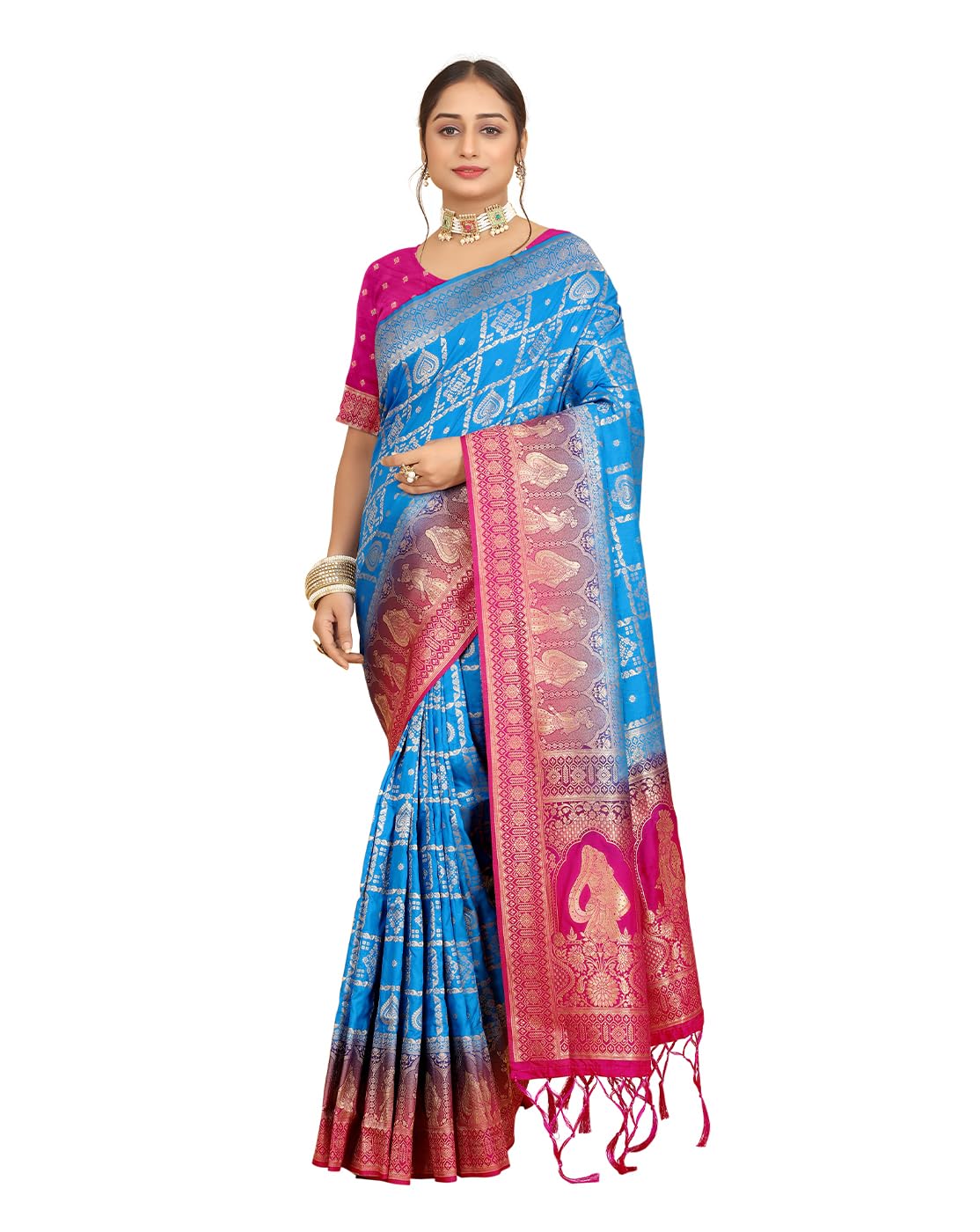 RAJARHA Women's Hand Dyeing Jacquard Rap Dolla Banglori Silk Saree With Unstitched Blouse Piece| Saree Length-6.40meter, Blouse Piece Length-0.90meter, Royal Blue-K