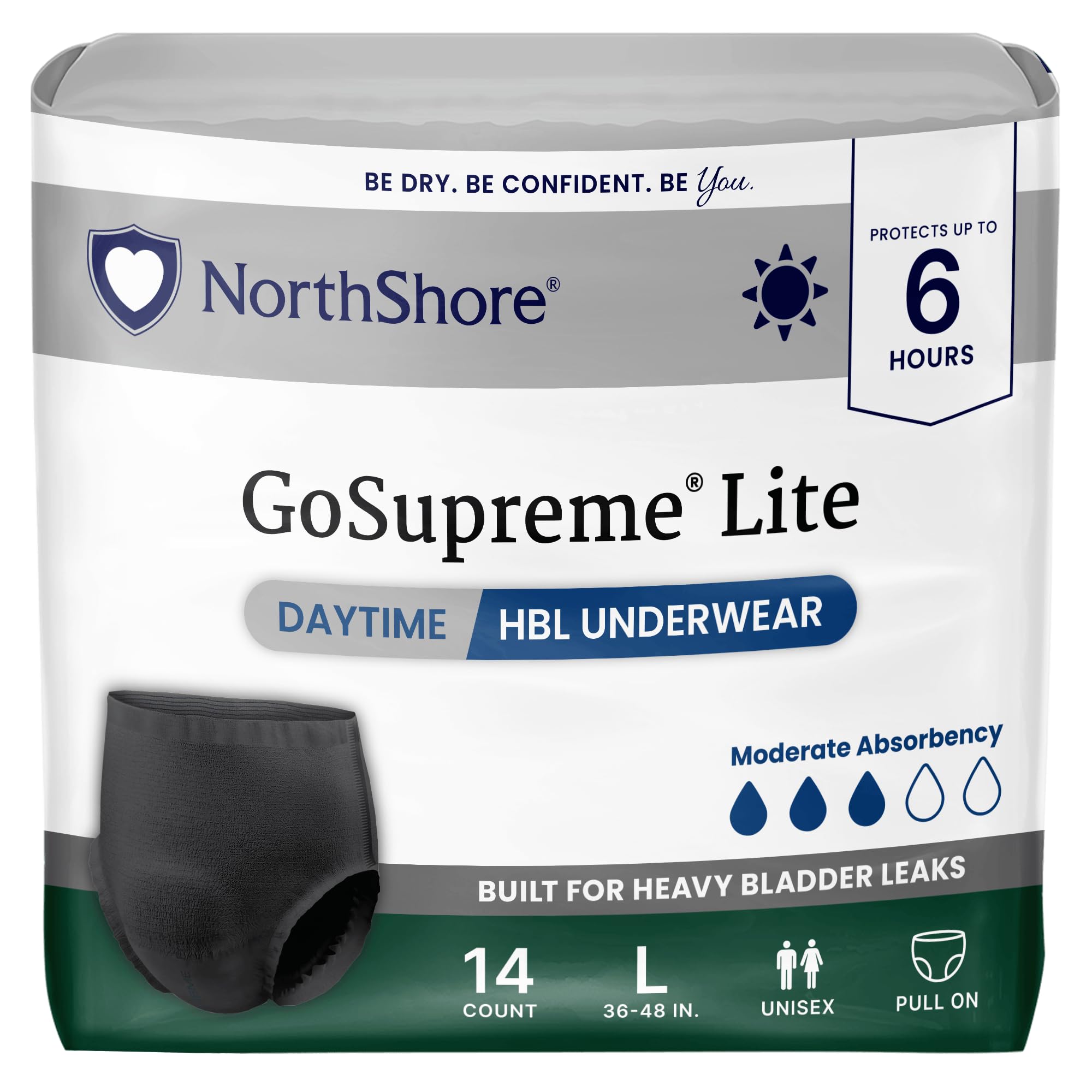 GoSupreme Lite 6-Hour Daytime Underwear, Black, Large, 14 Count