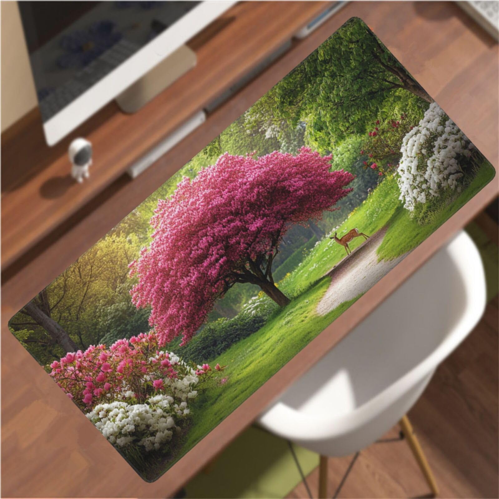 Tappetino Mouse XXL Albero Rosa & Cervo, 120 x 60 cm Decorazione G363 | Tappetino per Mouse, Base in Gomma Antiscivolo, Superficie Impermeabile, Bordi Cuciti, Tappetino Scrivania per Ufficio, Gioco