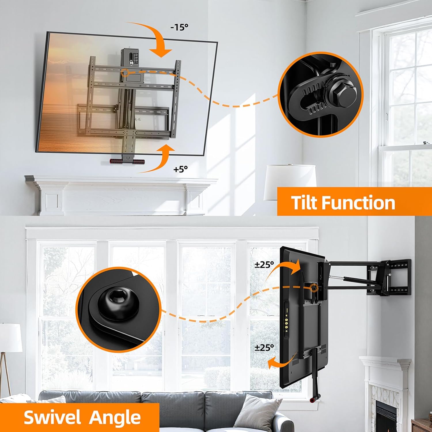 Pull Down TV Mount for Fireplace, Height Adjustable for Most 43-80 Inch TVs, Max VESA 600x400mm up to 80lbs, Full Motion Articulating Above Mantle Installation