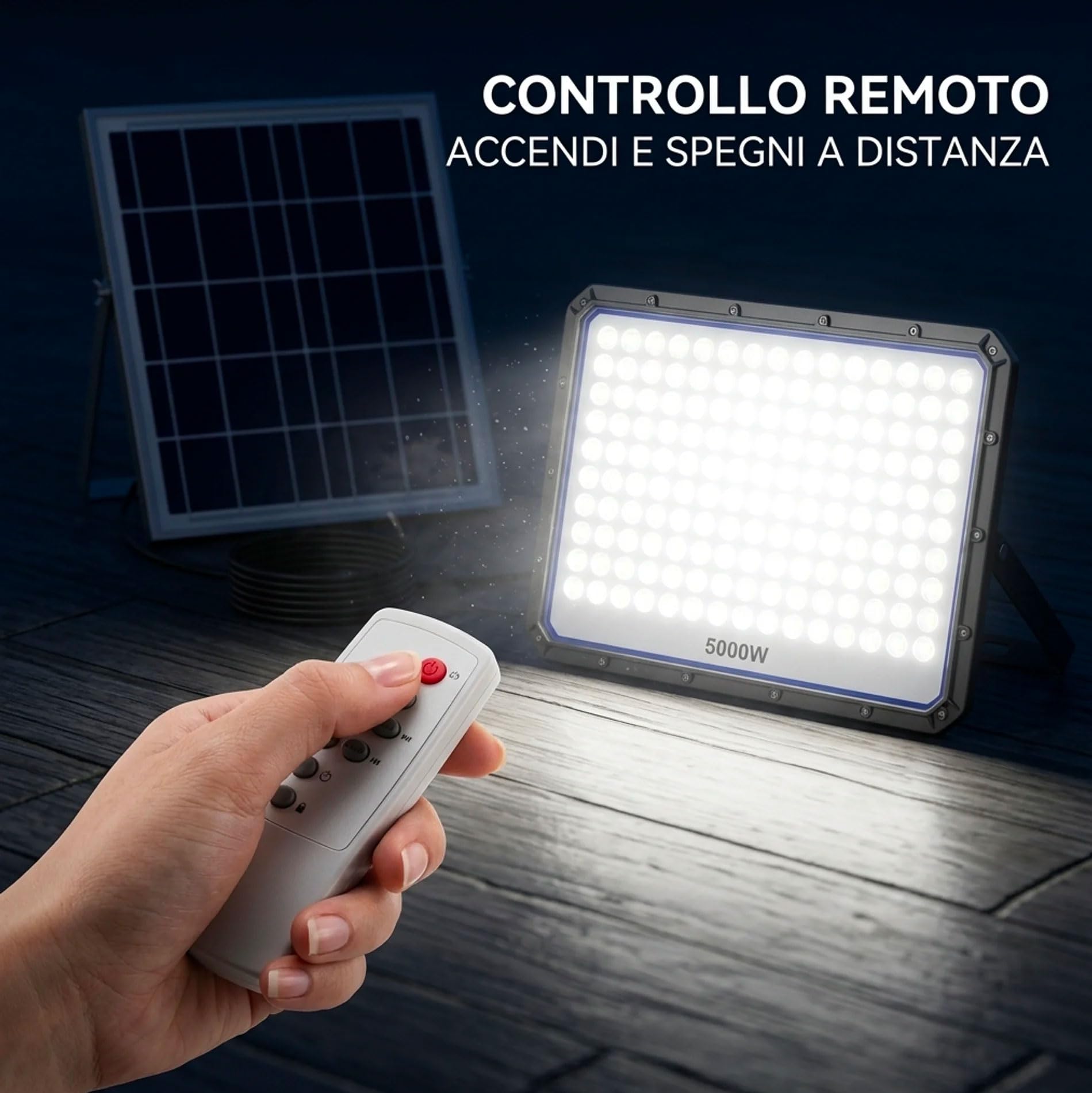 081 Store - Faro LED Esterno con Pannello Solare 5000W, IP66 Impermeabile, 320 LED, Luce Bianca 6500K, Telecomando, Autonomia 12 Ore