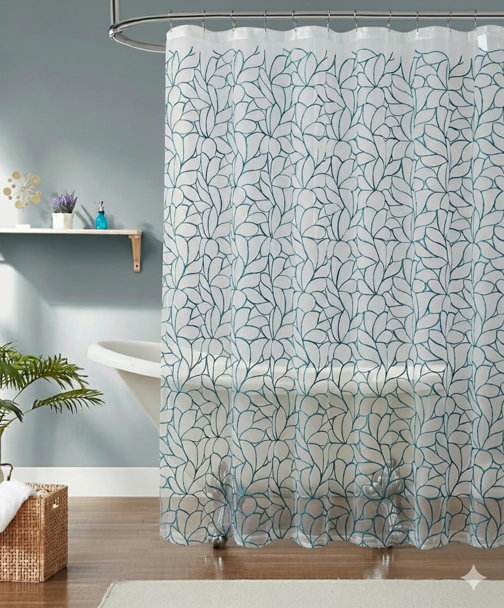LinenZone Boho Shower Curtain with Mineral Blue Embroidery for Elegant Boho Bathroom. Luxury Sheer White Shower Curtain. (Olivia 72 x 72 Blue)