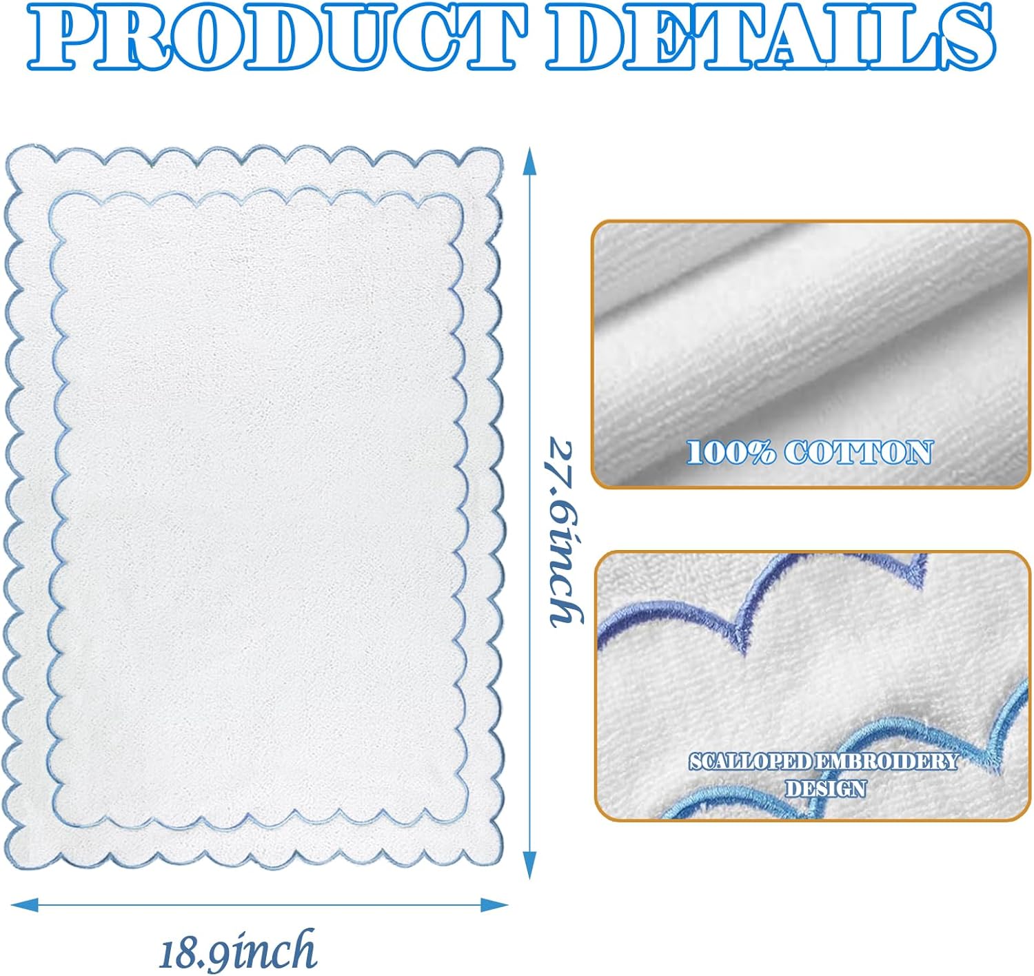  Scalloped Bath Mat Towel 100% Cotton Cute Bath Mats White Bath Rugs Embroidery Preppy Bathmats Bathroom Shower Floor Mats Blue Bathroom Decor (Blue, 27.6 x 18.9in, Classic) - Image 3