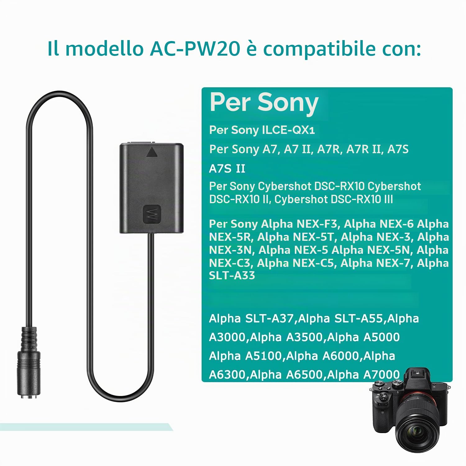5V Kit adattatore USB AC-PW20 + NP-FW50 Batteria virtuale per Sony NEX3 NEX 5 7 SLT-A33 A55 SLT-A35 a7/7R a7II a6000 a3000