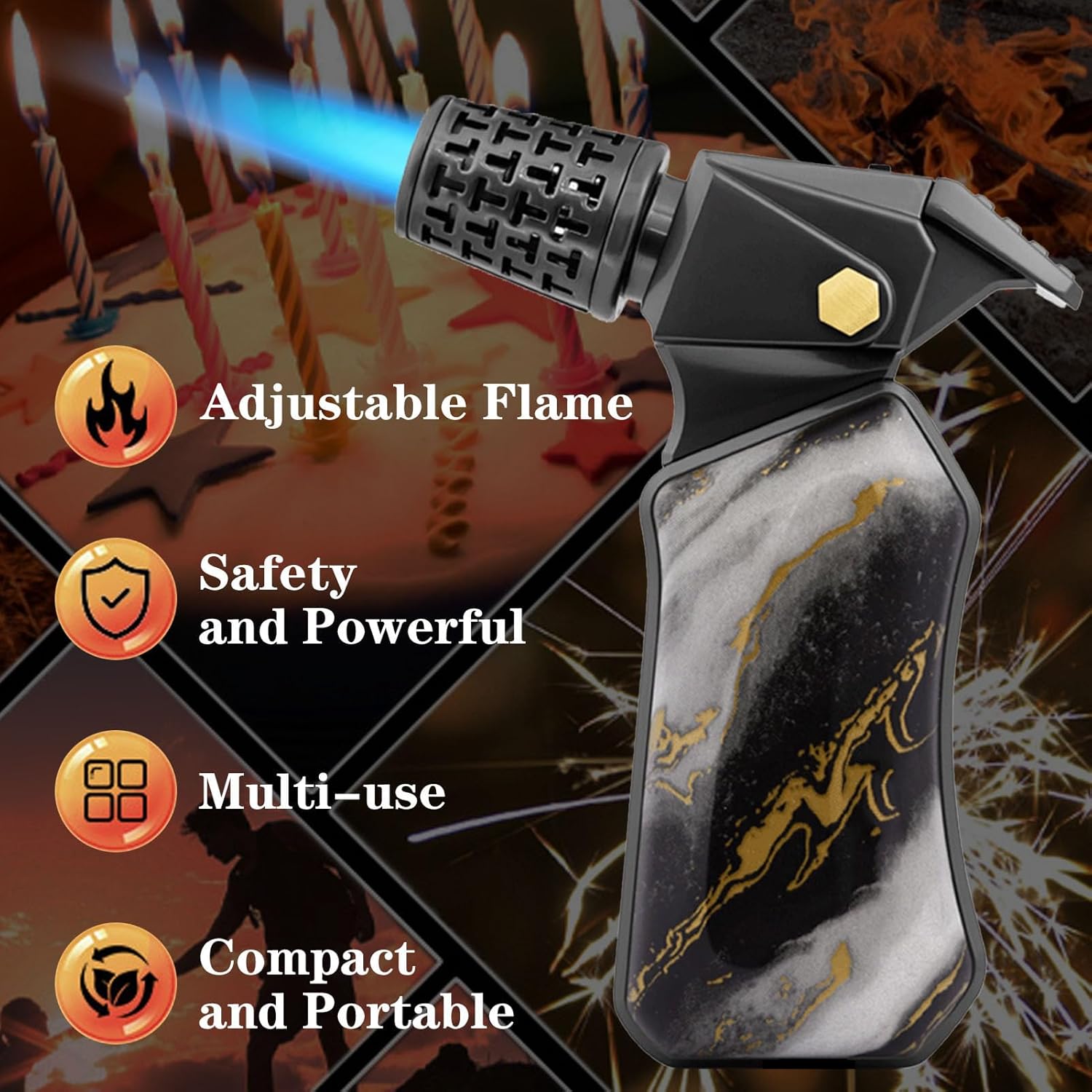 Butane Torch Lighter, Adjustable Refillable Torch Lighters with Safety Lock, Windproof Butane Torch, Multifuctional Outdoor Cooking Torch Lighter for Candles Fireplaces (Butane Not Included)(Color:B)