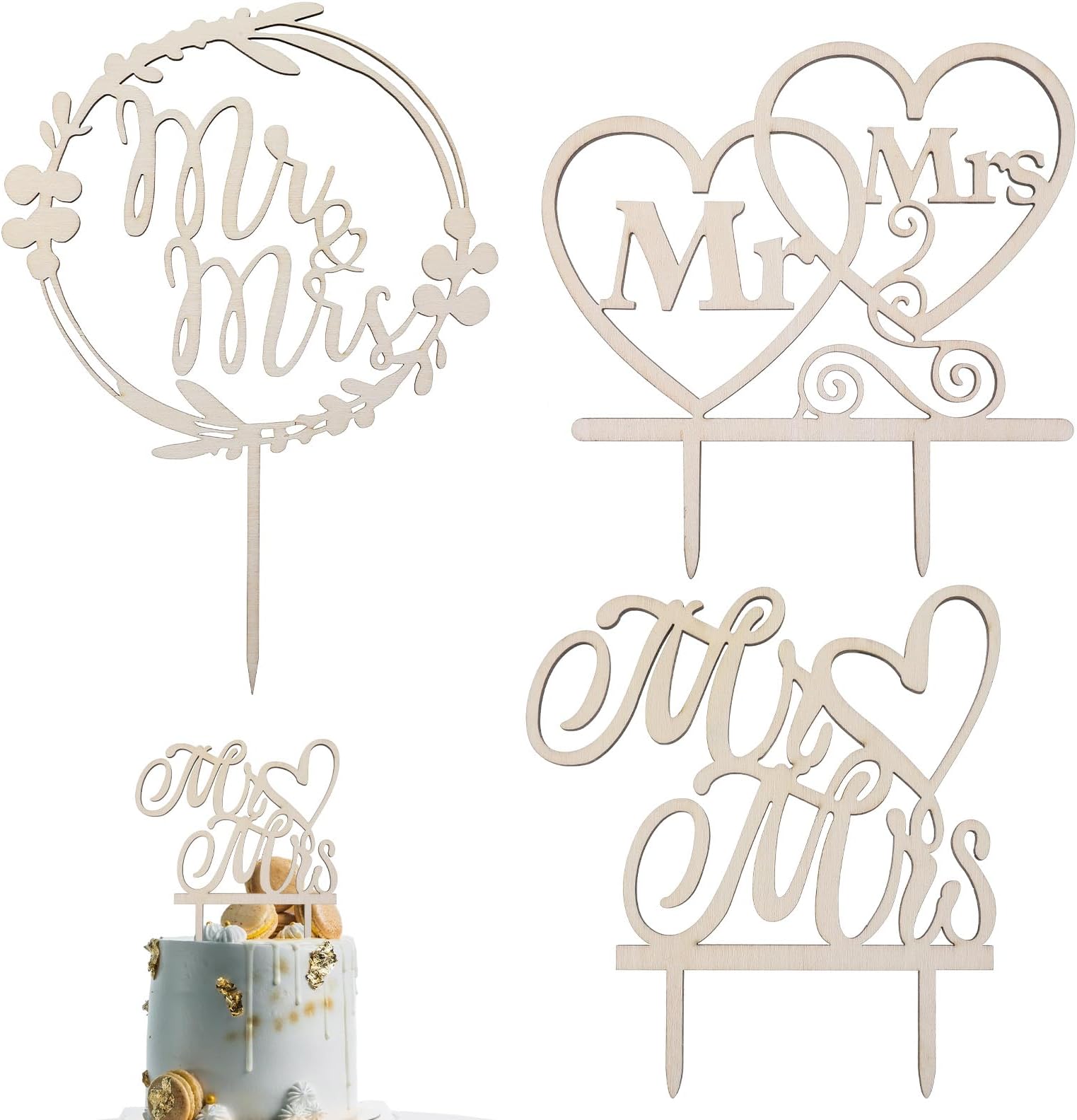 3 PCS Rustic Wooden Wedding Cake Topper Mr and Mrs, Bride and Groom Cake Topper Wedding Anniversary Bridal Shower, Engagement Party Decorations, Wedding Decoration, Perfect Keepsake