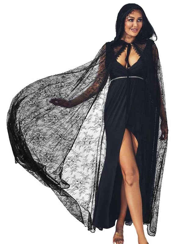 GORAIS Lace Hooded Cloak Long Womens Halloween Costumes Cape Full Length Sheer Cosplay Cloaks Robe by GORAIS - Used condition - US$20.13