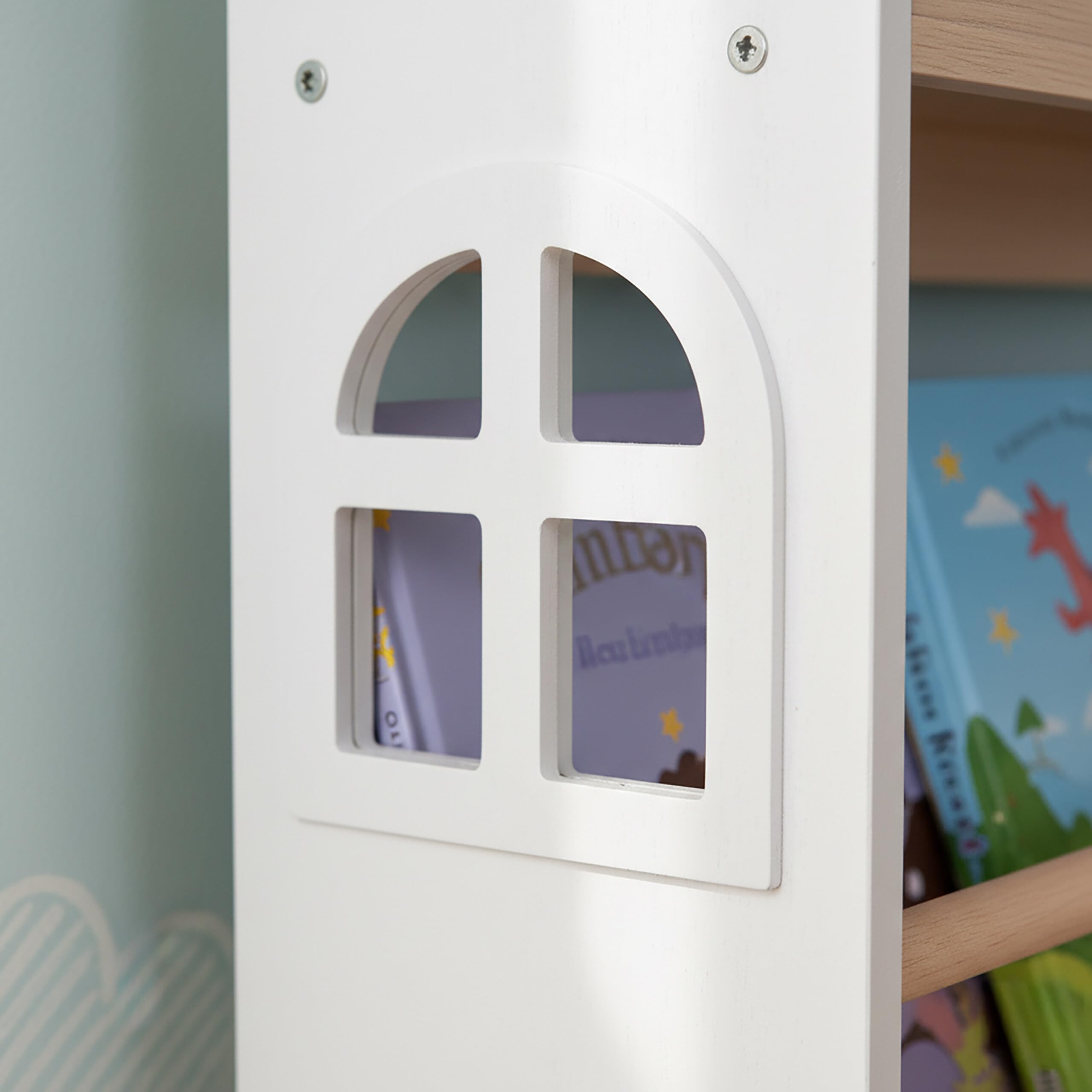 Relaxdays Étagère Livres Murale Enfants 4 Compartiments, Maison, Blanc/Naturel 130x60x15 cm