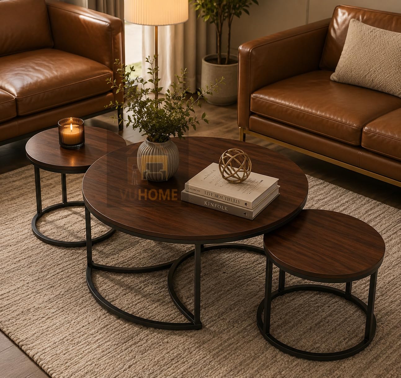 Modern Nesting Coffee Tables Set of 3, Antique MDF Top with Black Metal Base, Round Shape for Furniture Black & Antique-image-23