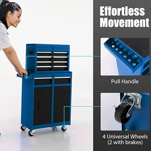 Miniatura 6 de IRONMAX Caja de herramientas con ruedas, armario de herramientas con cerradura de 5 cajones con estante ajustable y 4 ruedas universales, caja de