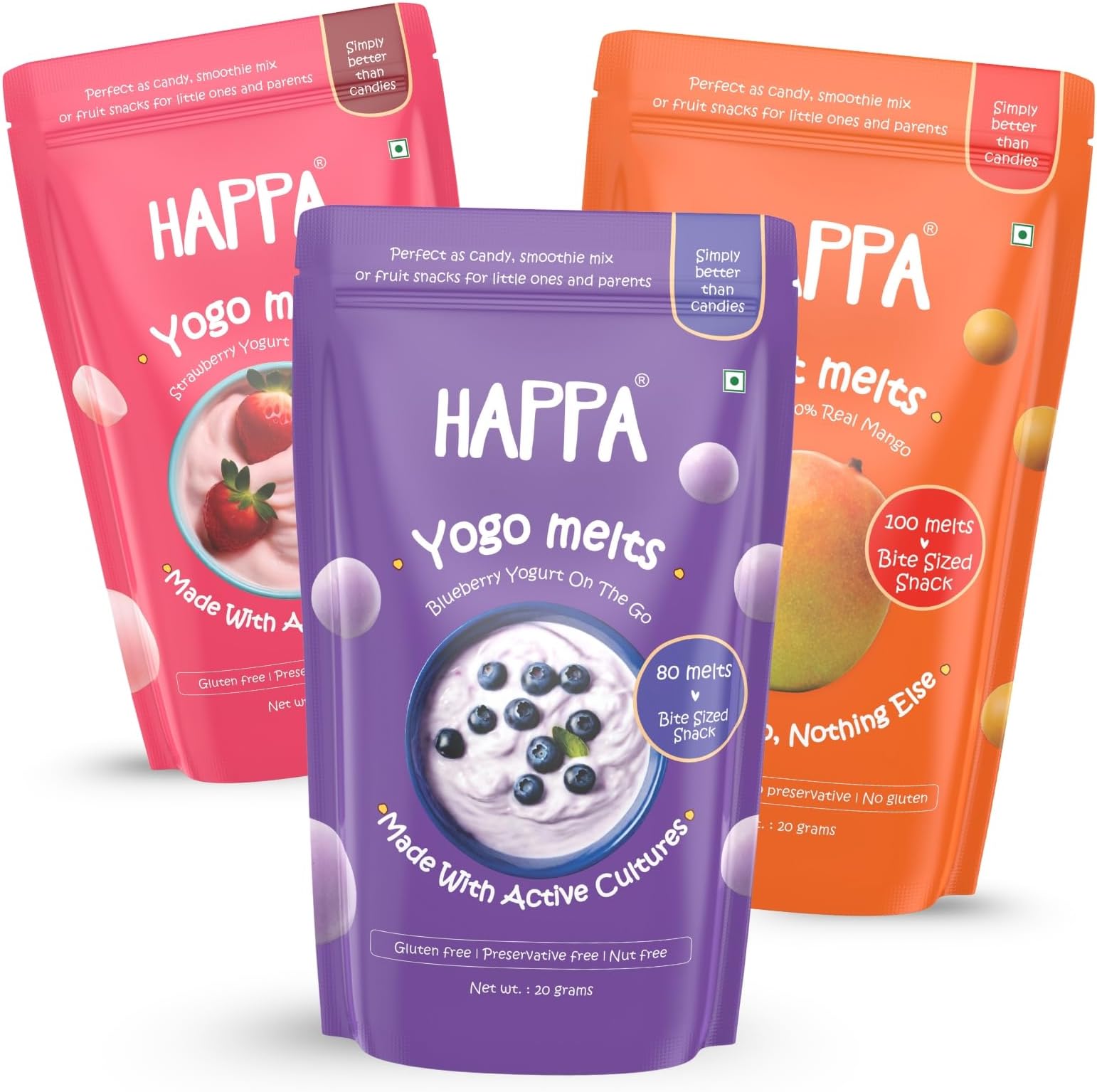 Happa Fruit & Greek Yogurt Melts | 100% Fruit & Yogurt Candy for Babies, Kids & Adults | No Added Sugar, No Colours, No Artificial Flavours | Melt-in-Mouth | 8M+ | 20g Pack of 3