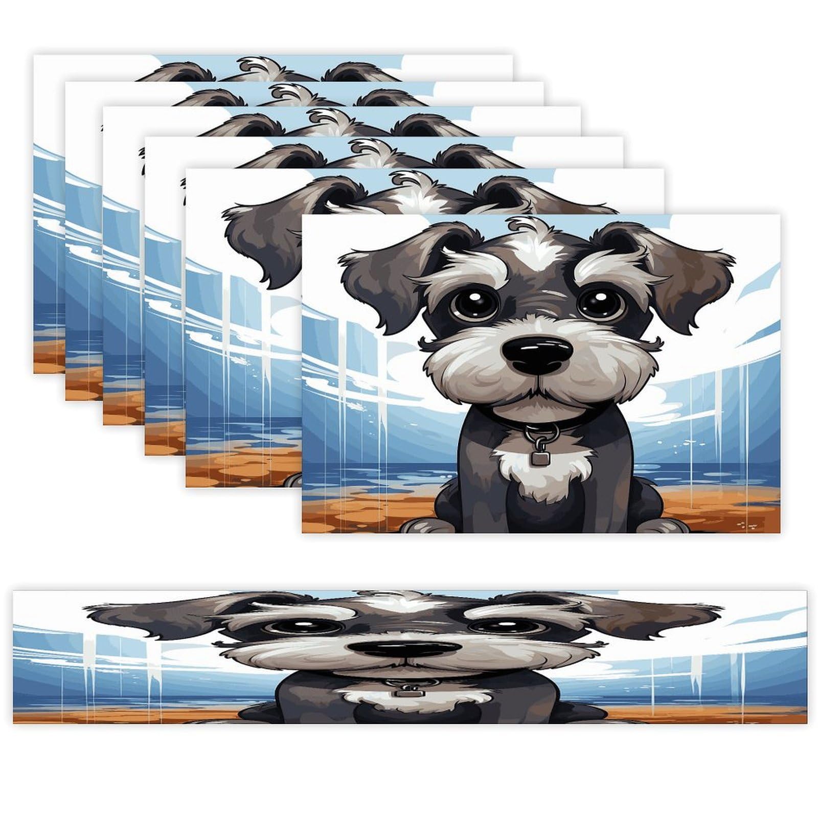 Adorable Schnauzer Table Runner and Placemats Set of 6 Wipe Clean Heat Resistant Table Mat with Table Runner Decorations Flax Linen Place Mat Set for Home Kitchen Party Supplies