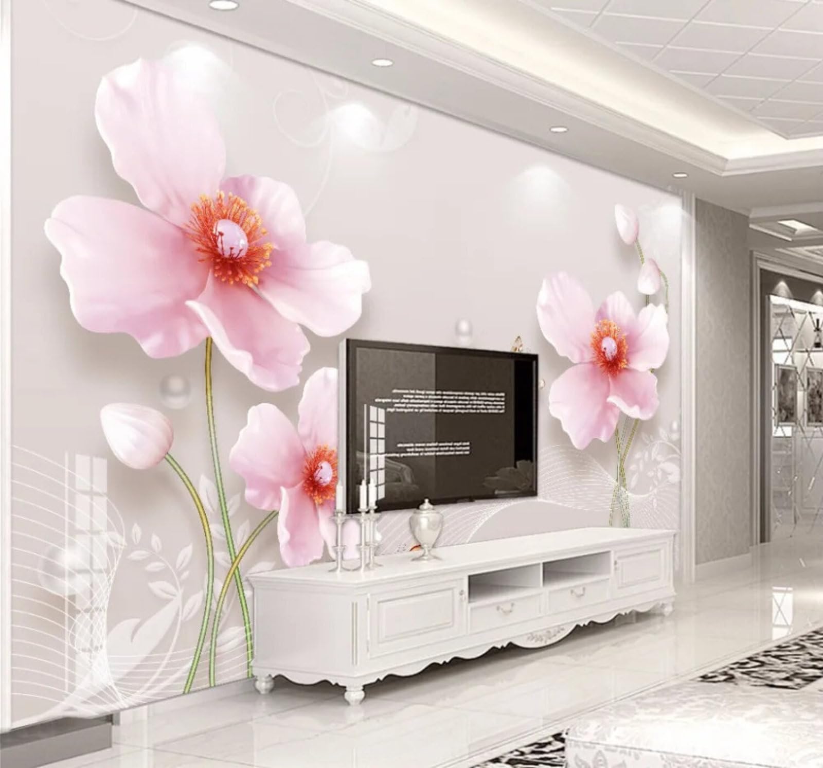 Wallpaper-3D-Xlm 350Cm×256Cm(B×H) Three Dimensional Beautiful Pink Floral Jewellery 3D Wallpaper Easy Install Feature Office Living Room Sofa Bedroom Tv Background Wall Decoration-350Cm×256Cm