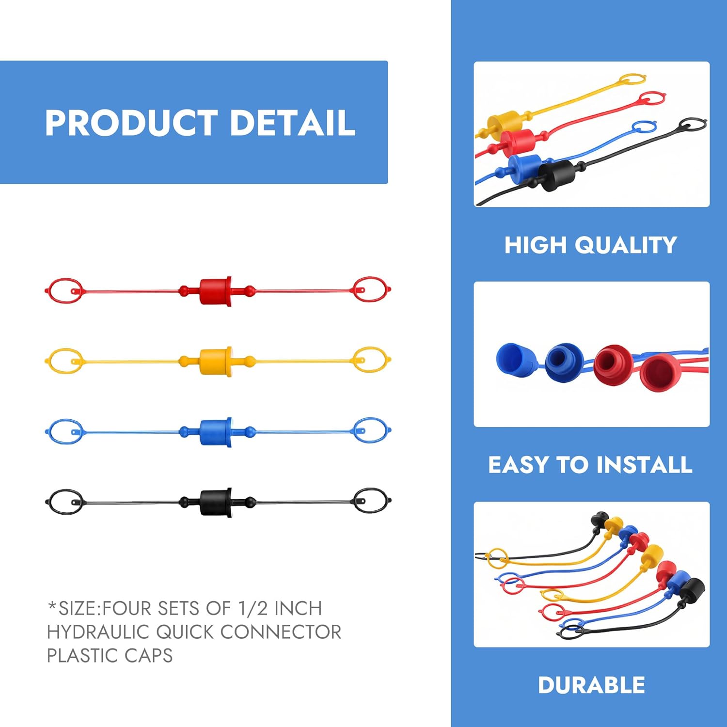 4 Sets 1/2 Inch Hydraulic Dust Caps & Plugs – PVC Hydraulic Quick Disconnect Port Plug Fittings, Male Dust Cap + Female Plug Cover for Flat Face Couplings (Red, Yellow, Blue, Black)