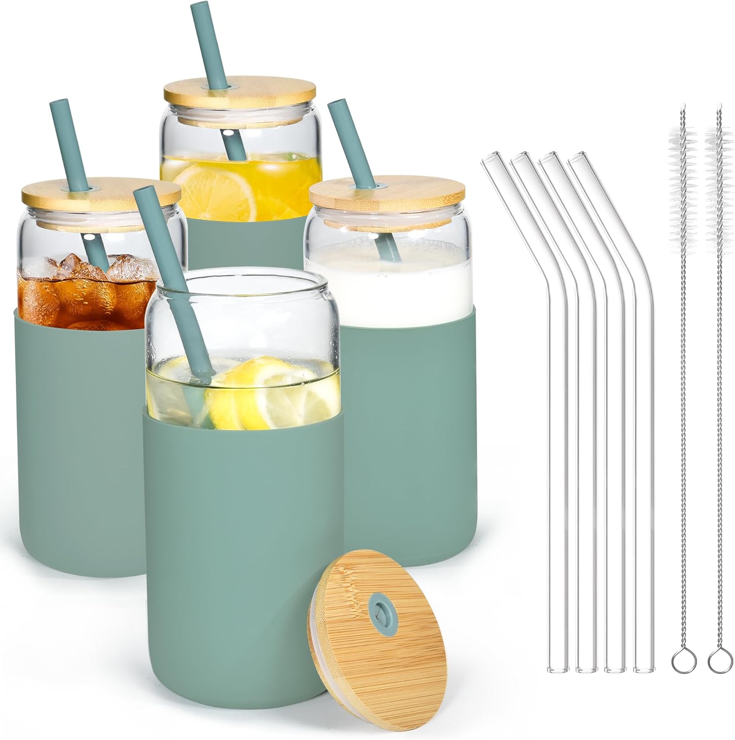 20 oz Glass Cups with Lids and Straws Iced Coffee Glasses with Silicone Protective Sleeve Drinking Glasses Set of 4 for Juice Beer Soda(Green*4)