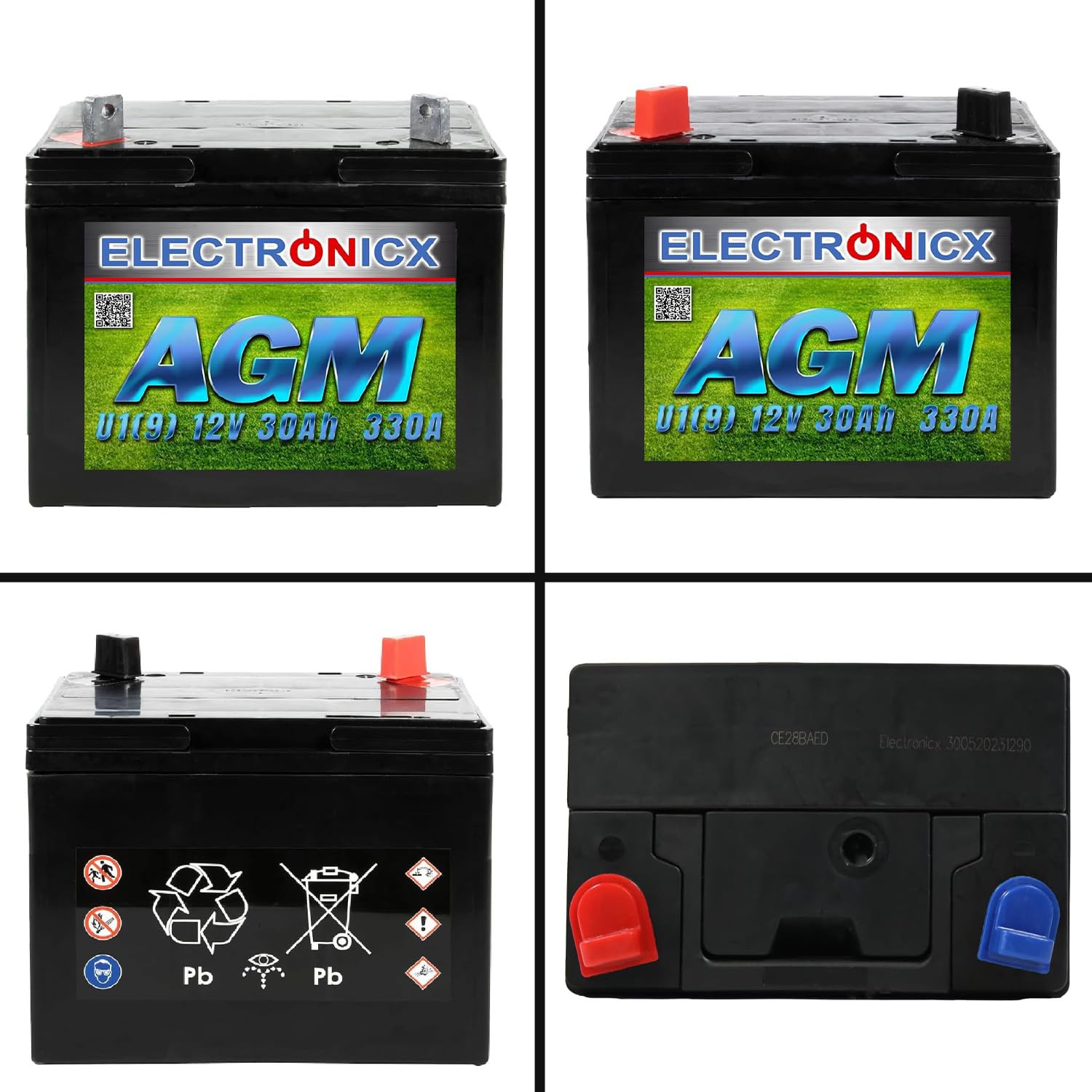 Electronicx - Batteria AGM U1 (9) 30 AH 330 A (EN) per tosaerba, attrezzi da giardino, batteria di avviamento, non necessita di manutenzione, tecnologia AGM, ermetica
