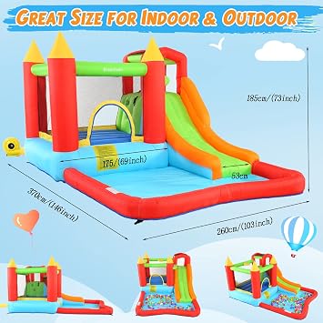 Bounce House,Inflatable Bounce Castle with Blower for Kids 3-12,Outdoor/Indoor Bouncy House Water Park for Backyard with Splash Slide,Climbing Wall,Ball Pit,Jumping Area (146 x 103 x 73)