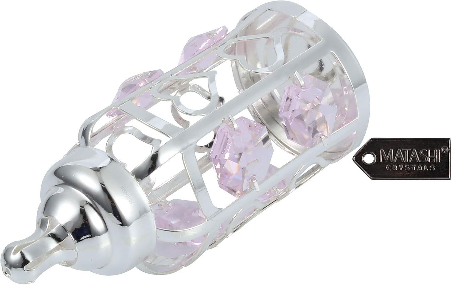 Matahi Silver Plated Crystal Studded Baby Bottle Ornament with Light Pink Crystals - Great Gift for Baby Shower, New Born Baby Gift