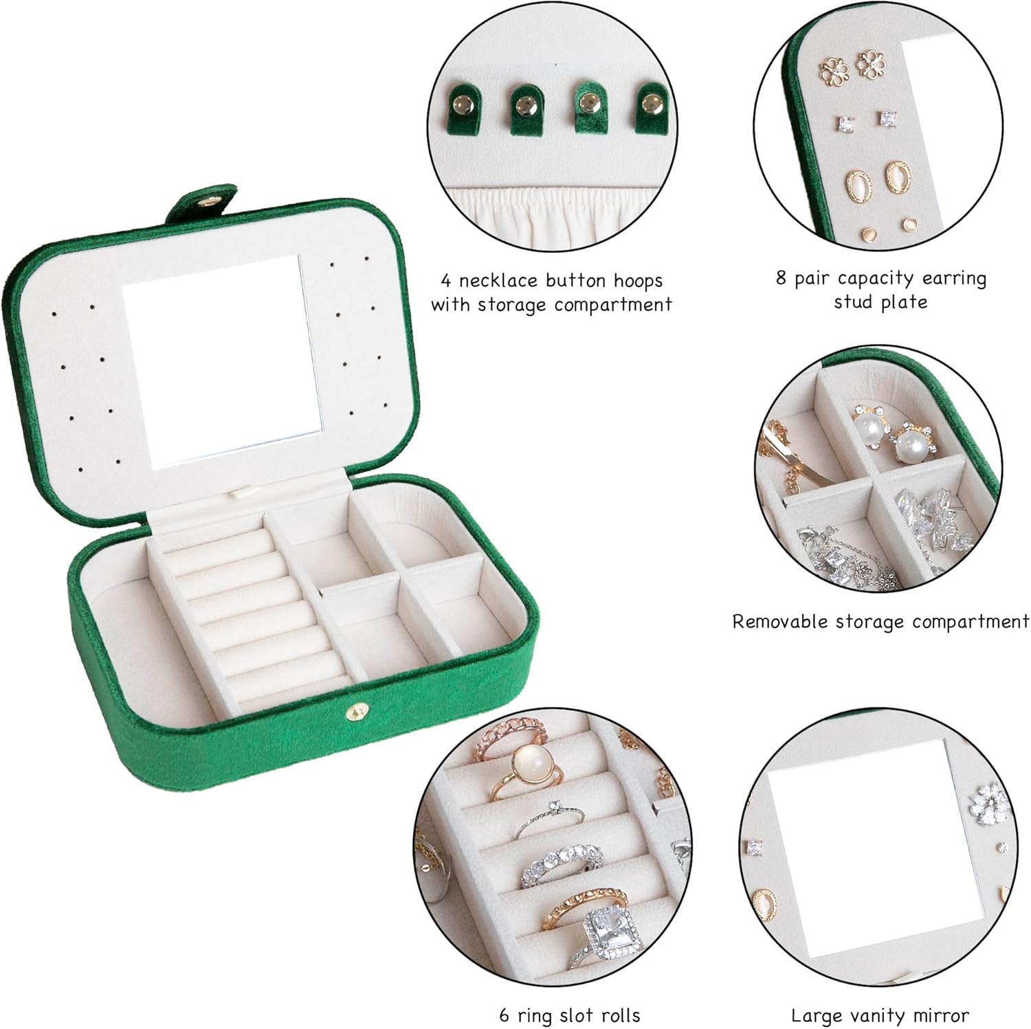 Customizable Velvet Jewelry Box with Mirror and Button Snap, Travel Jewelry Case, Travel Jewelry Organizer, Jewelry Box for Women and Girls, Jewelry Holder Organizer (Center Text, Emerald Green)