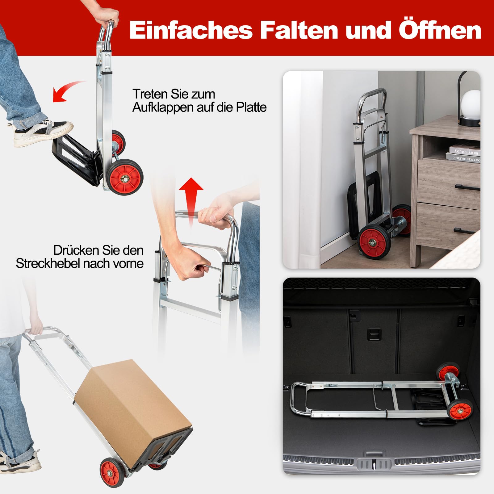 COSTWAY Wózek transportowy składany, wózek transportowy z uchwytem teleskopowym i składaną powierzchnią ładunkową, obciążenie do 100 kg, aluminiowy wózek ręczny, do domu, ogrodu, magazynu