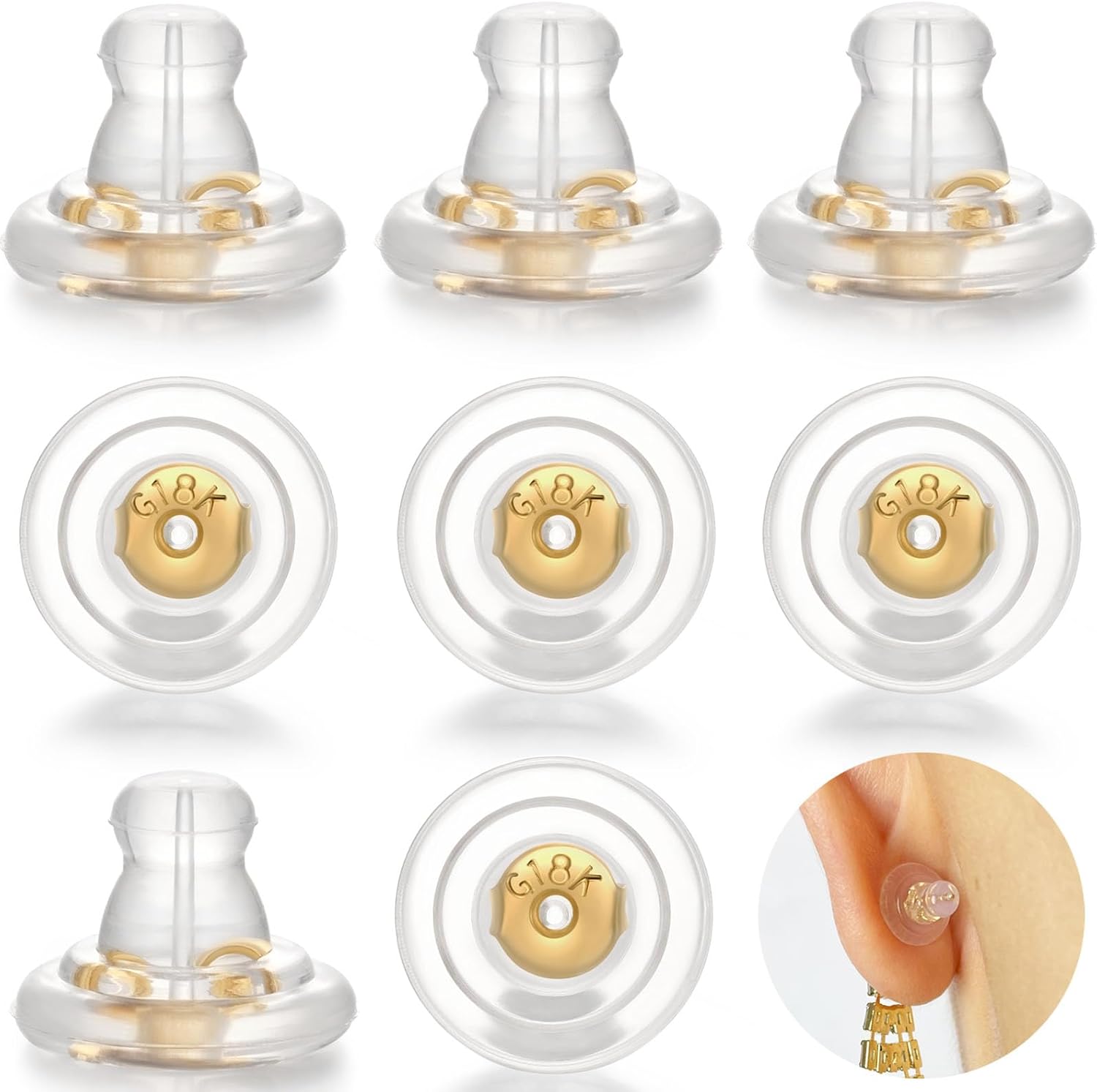 DELECOE Locking Silicone Earring Backs for Studs Droopy Ears Hoops Wires,Hypoallergenice Secure Earring Backs for Heavy Earring,No-Irritate Soft Clear Backings for Women Men（Gold