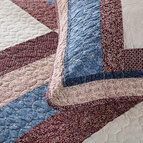 Miniatura 6 de Juego de edredón de algodón de 3 piezas reversibles para todas las estaciones, colcha de retazos reales para niños, patrón de estrellas, tamaño Queen