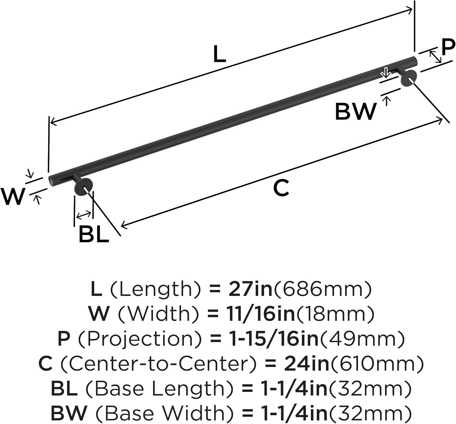 Amerock BP54052FB | Matte Black Appliance Pull | 24 inch (610mm) Center-to-Center Cabinet Handle | Radius | Furniture Hardware