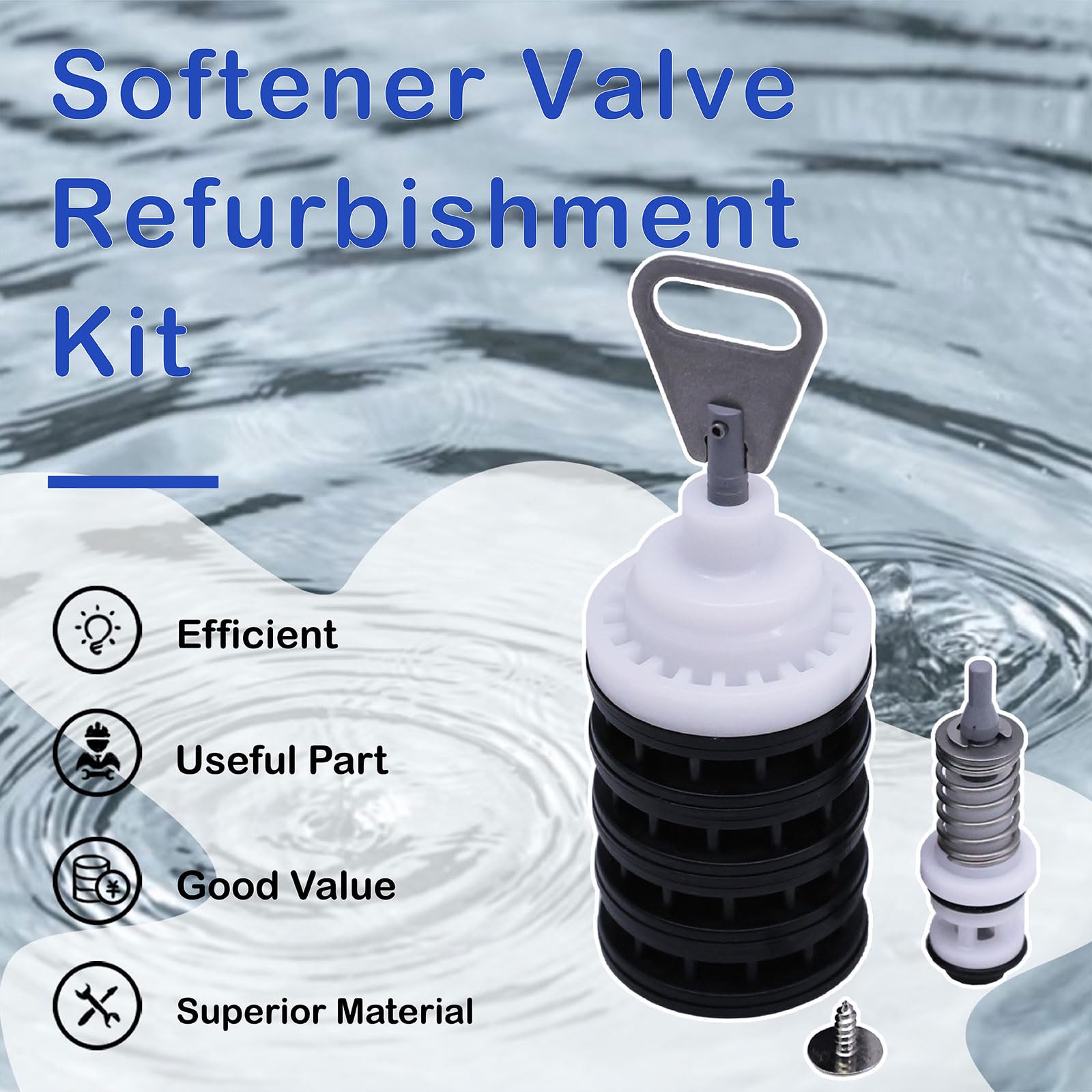 Kit de rehabilitación de válvula suavizante compatible con Fleck 5600, incluye pistón principal suavizante 60102-00, sellos y espaciadores 60125, tornillos, pistón de salmuera 60032 y sello inferior
