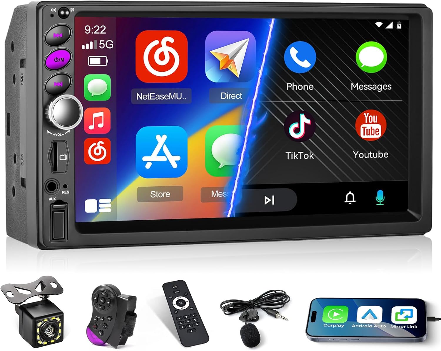 Hikity FM EQ Radio 2 Din Car Radio Carplay Android Auto, 7 Inch Touch Screen Bluetooth Radio with Rear View Camera, Support SWC, Mirror Link, USB AUX-in SD Card