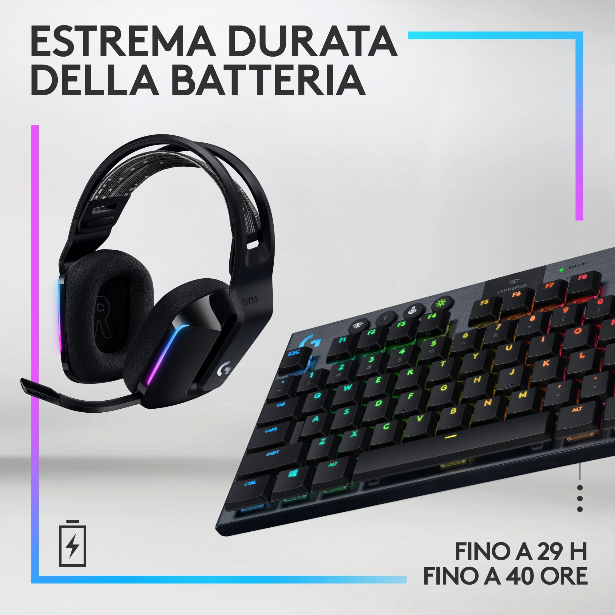Logitech G733 Lightspeed, cuffia con microfono gaming wireless con Blue Vo!ce e G915 TKL Lightspeed, tastiera gaming meccanica wireless RGB senza tastierino numerico per PC/Mac - Nero