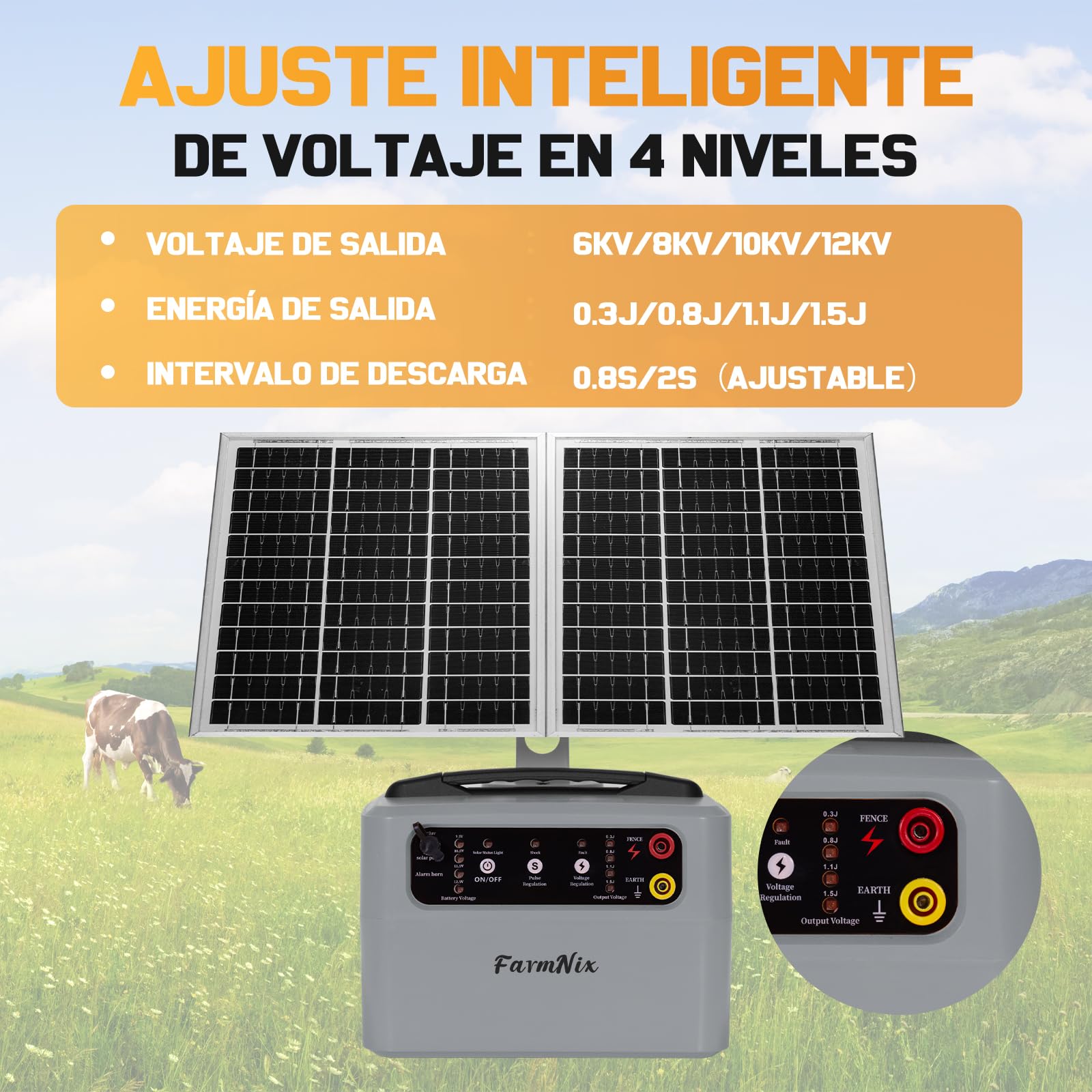 48KM Solar Pastor Electrico, 0.3- 1.5J 6-12KV Ajustable pastor electrico Cerca eléctrica Controlador para Granja de animales, Electrificador de cercados para Ganado, Aves, Granja