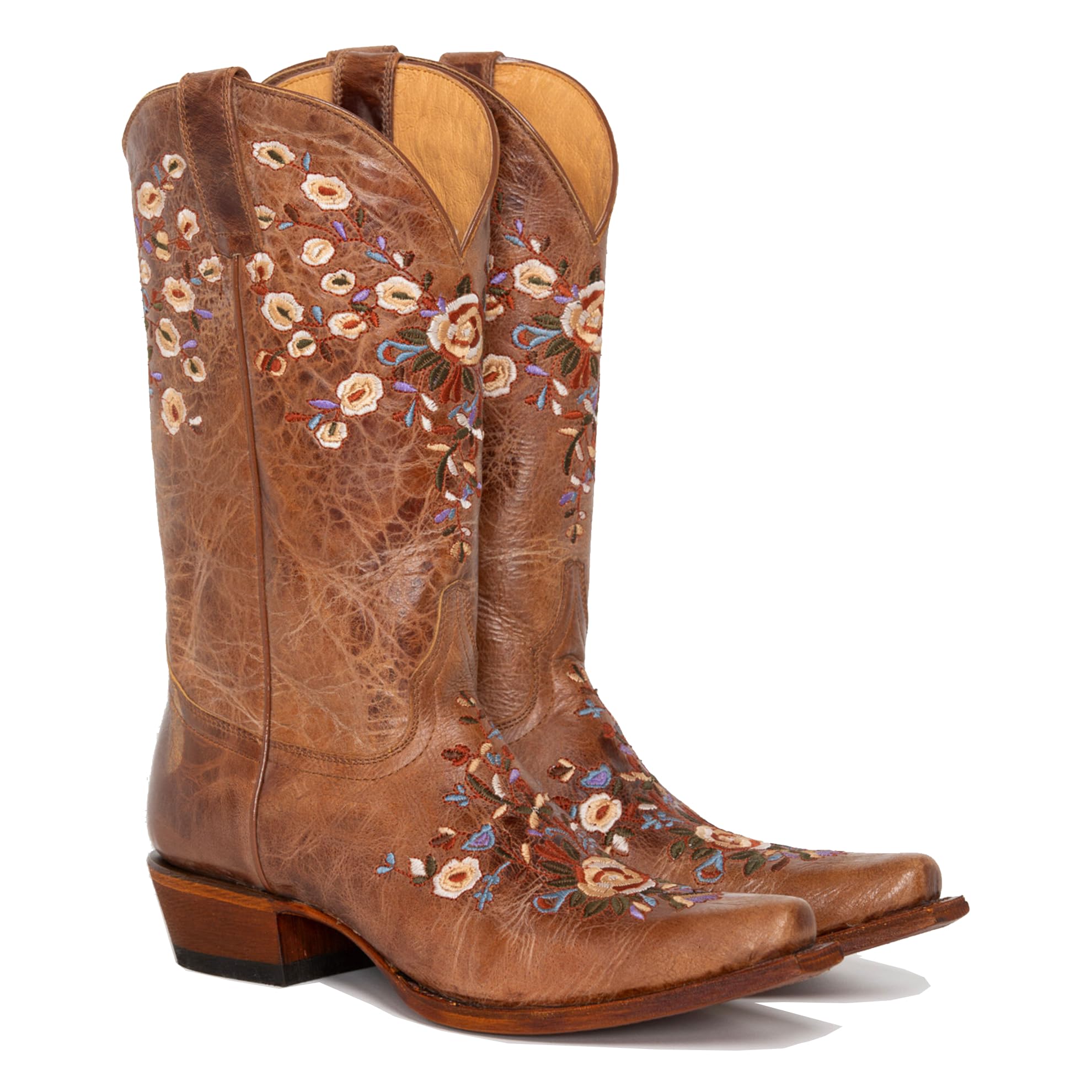 STALOV Cowboy Boots for Women Embroidered Mid Calf Chunky Pull-On Fashion Cowgirl Boot