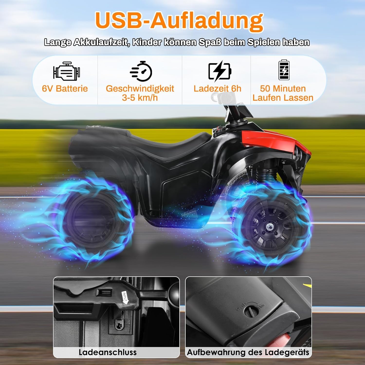 MAMIZO 6V Elektro-Quad Kinder, Kinderfahrzeug mit 3 KM/h, für ab 3-5 Jahre | Kinderquad mit LED-Scheinwerfern, Elektroauto mit 4 räder, Elektroquad mit Musik, Hupe, Vorwärts-/Rückwärtsfunktion, Rot