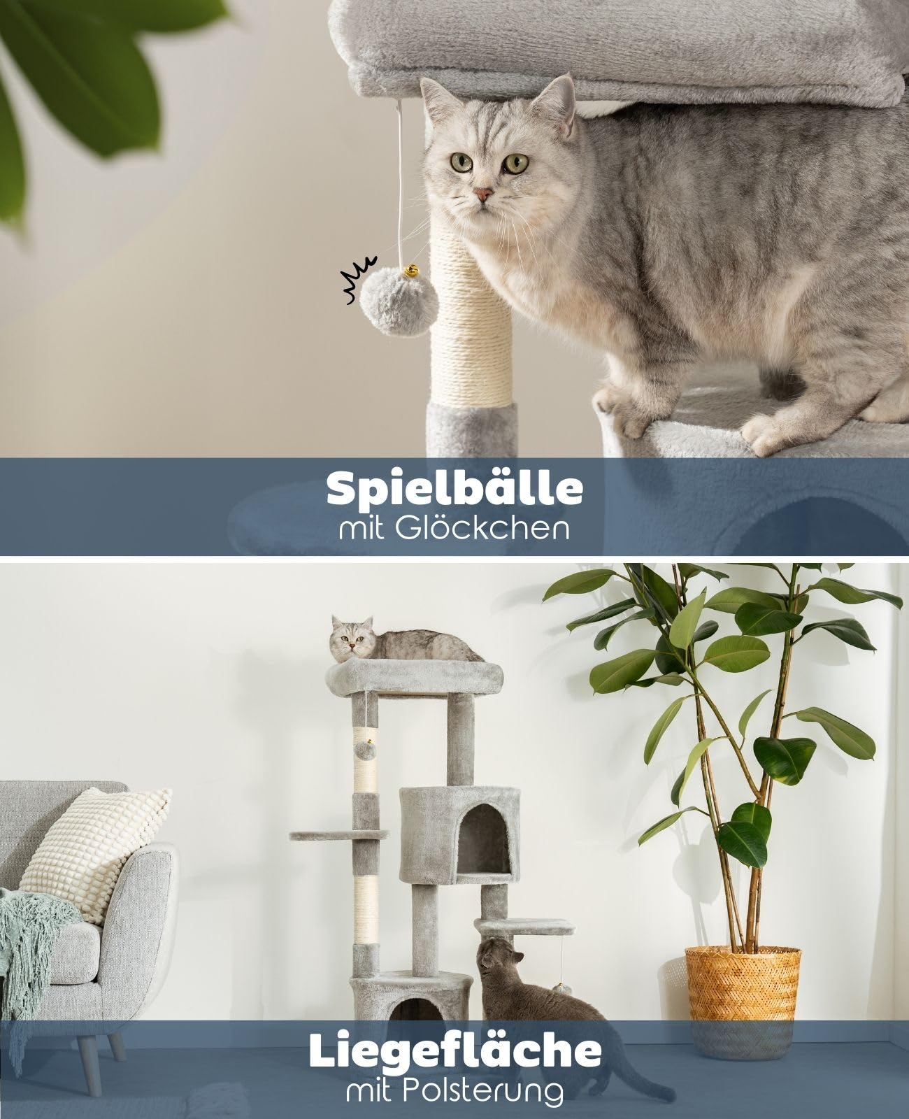 lionto Kratzbaum mit 2 Höhlen, Bett & 2 Spielbällen, Höhe 115 cm, Hellgrau