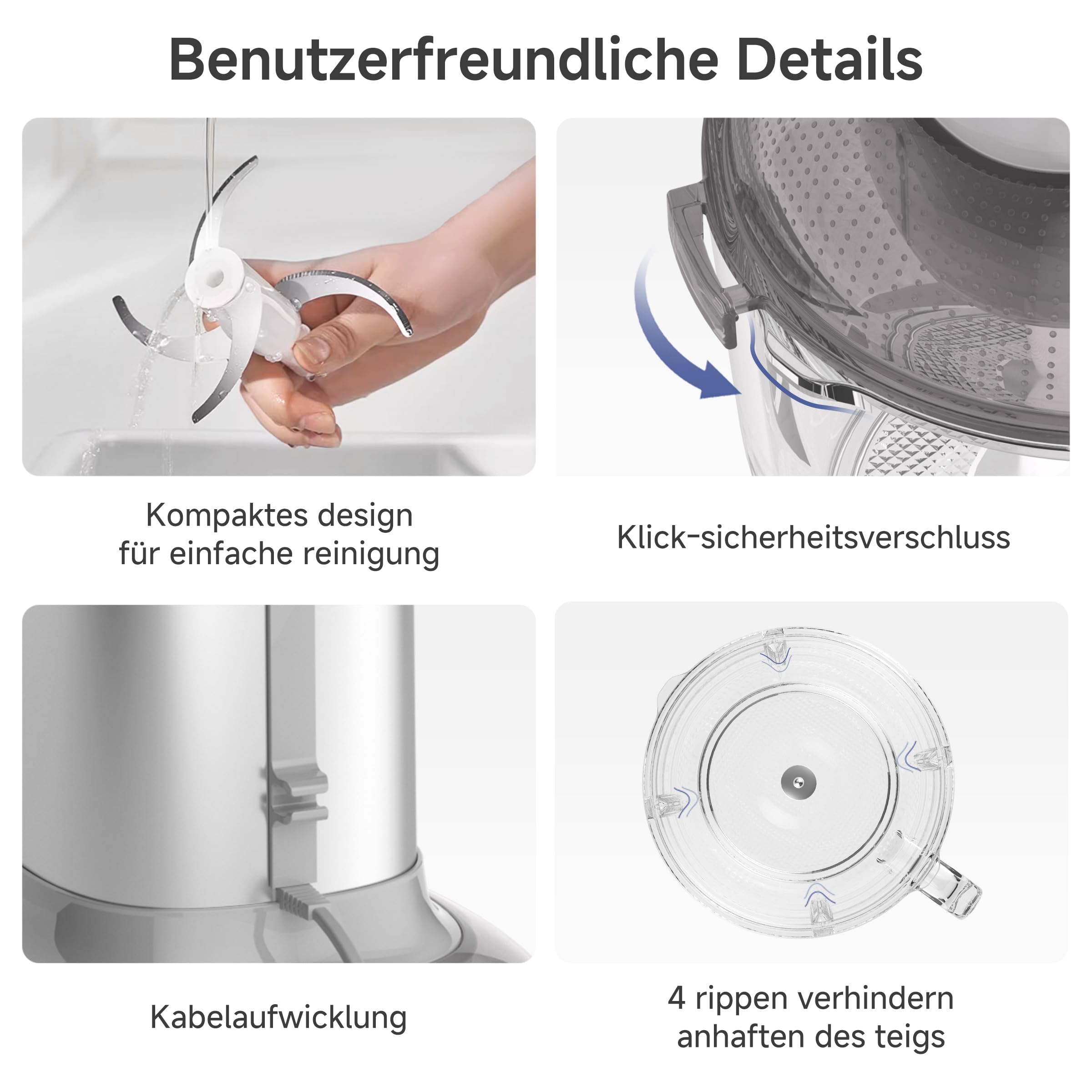 SIMPLUS Universalzerkleinerer mit Teigknetfunktion, 300W Elektrisch, 2.5L Glasbehälter, Multifunktion Küchenmaschine mit 4 Edelstahlklingen für Fleisch, Gemüse, Nüsse, Babybrei