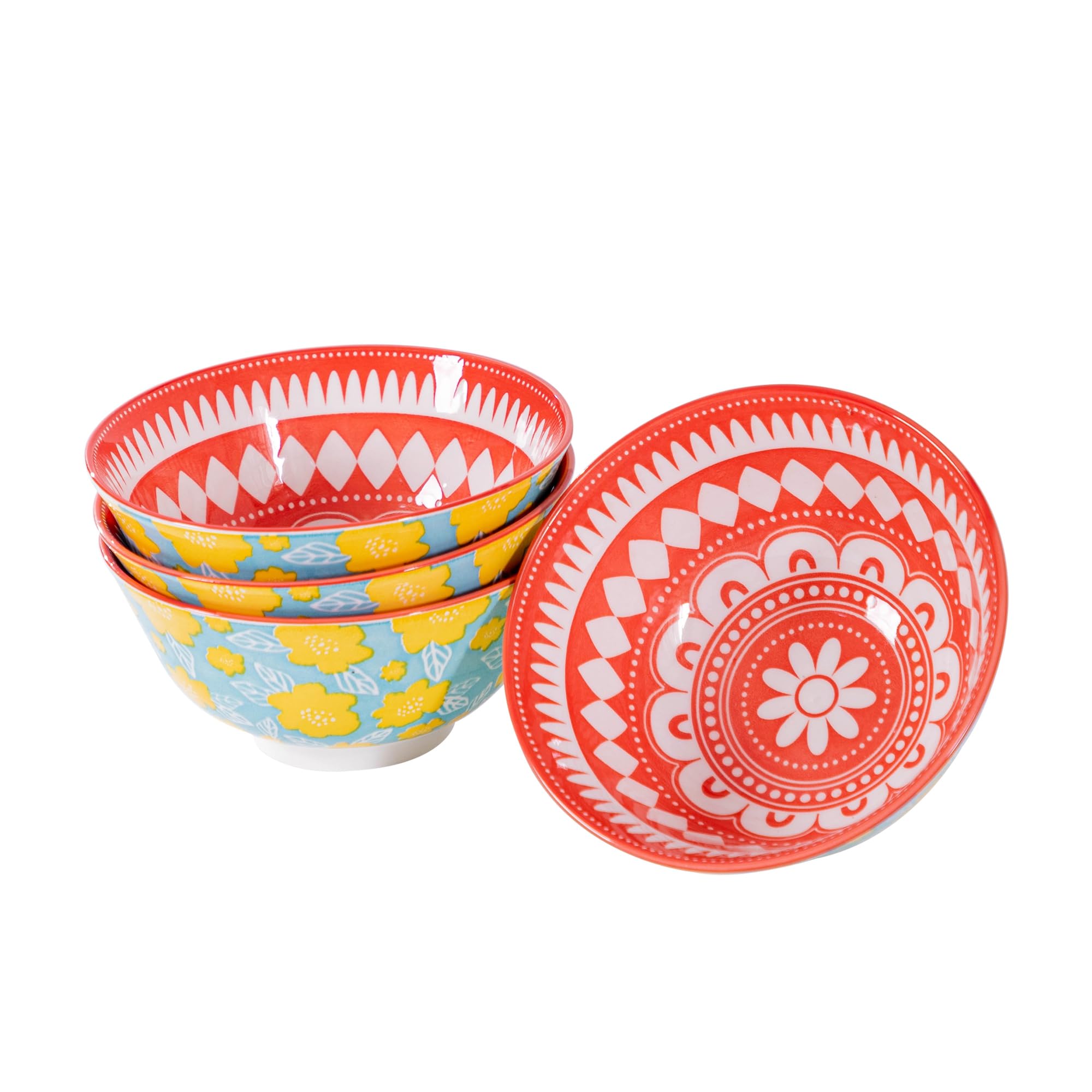 Royal Color 6 Ceramic Bowls - 4-Piece Set, Porcelain, Bohemian Design, 6.25 Inch Diameter, Microwave & Dishwasher Safe