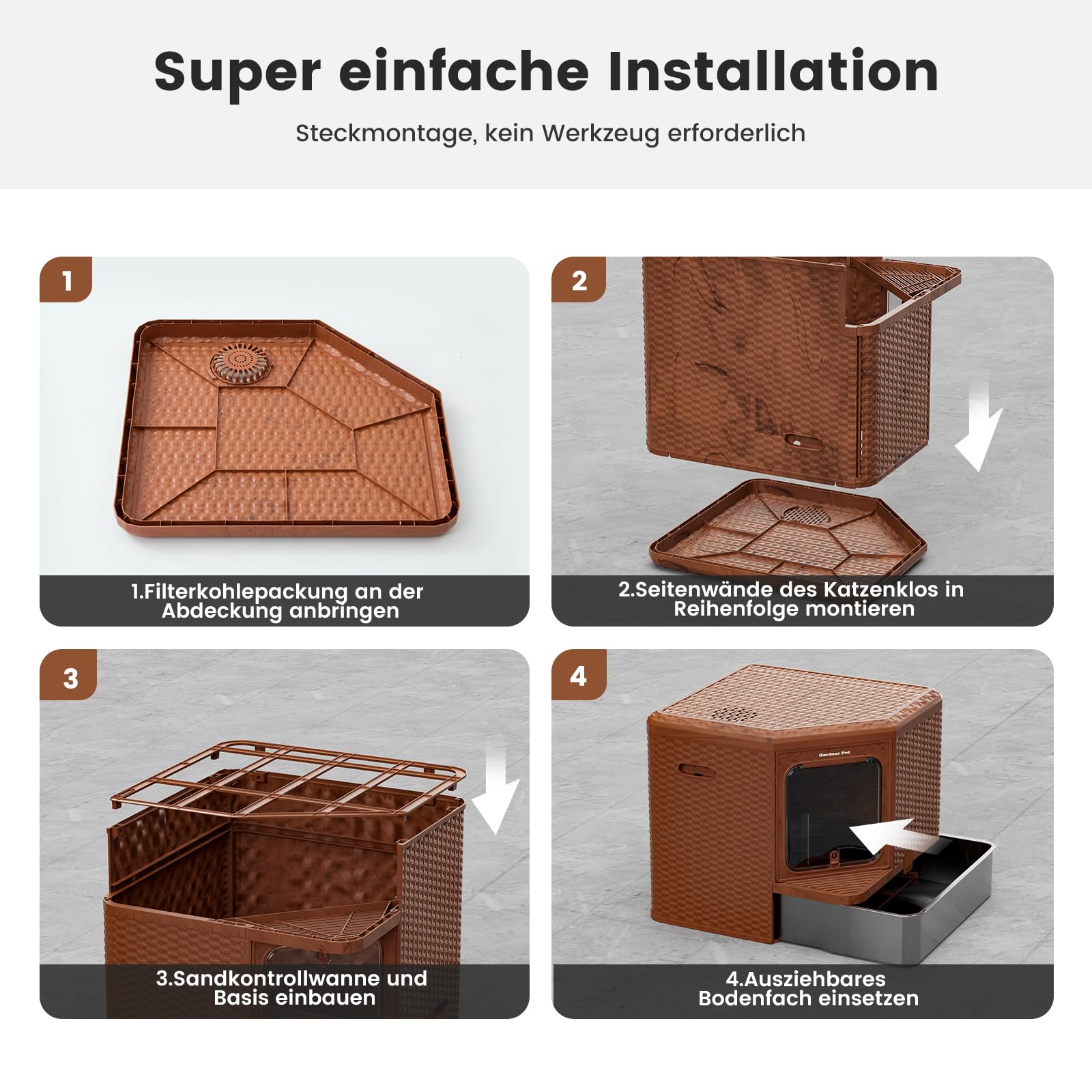 Gardner Pet Katzentoilette, 50x50x50 cm, Edelstahl Tablett, Rattan-Optik | Ausziehbares Edelstahl-Tablett, Für große Katzen, Aktivkohlefilterfunktion