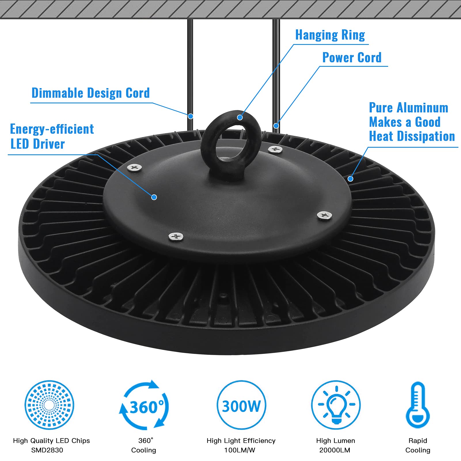 6 Stück 300W UFO LED Werkstattlampe, 30000LM Hallenstrahler 6000K Kaltweiß | IP65 Wasserdicht, 120° Strahl, 288 LEDs Superhell Industrielampe für Fabriken Garage Lagerhaus