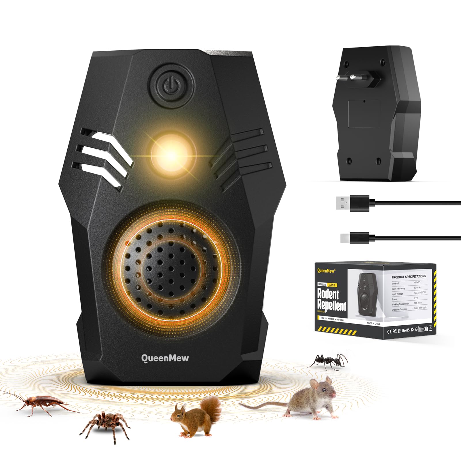 Ultrason Souris d'intérieur, Repulsif Souris à Brancher, 4 Modes et Deux Options d'alimentation Prise Anti Moustique, Anti Cafard Inoffensif pour Rats, Cafards, Insectes, Fourmis