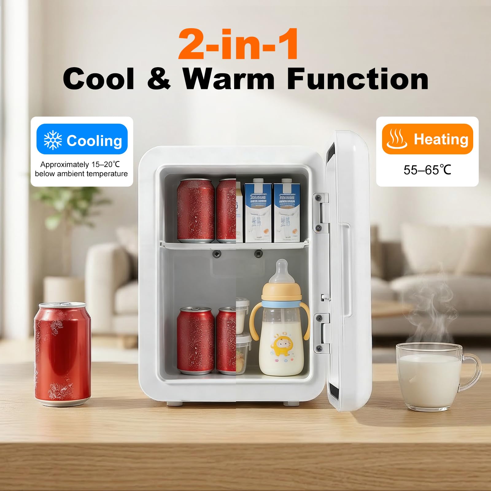 Mini réfrigérateur 4 litres/6 canettes, refroidissement et chauffage, 220 V CA/12 V CC, thermoélectrique, mode ECO à faible bruit de 25 dB, pour chambre à coucher, voiture, dortoir, bureau