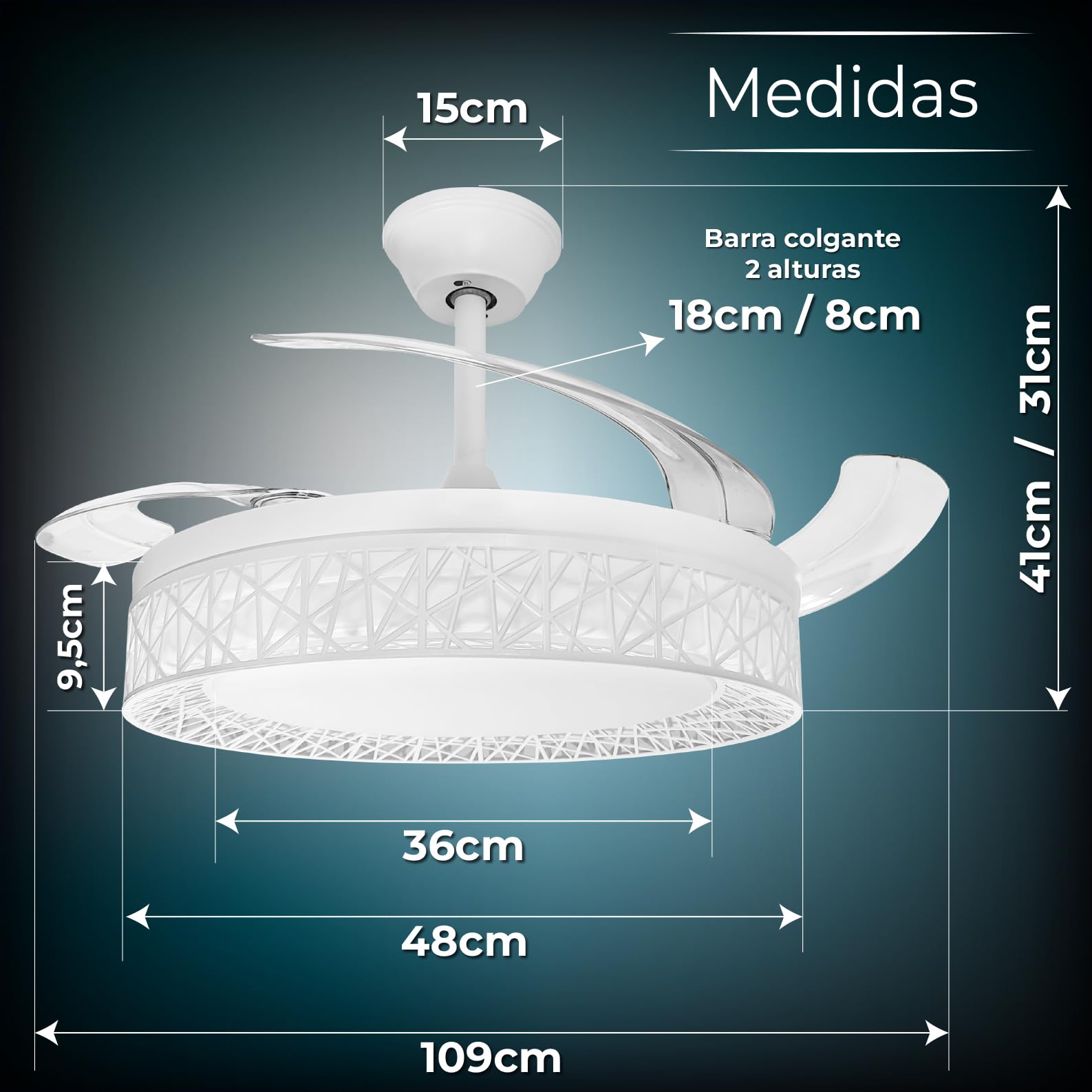 LED ATOMANT Ventilador de Techo con Luz LED 40W, Motor DC 32W, Ø 109cm, CCT, Regulable, 4100LM, 4 Aspas Retractiles, 6 Velocidades Silencioso y Bajo Consumo, Modo Verano Invierno, Con Mando