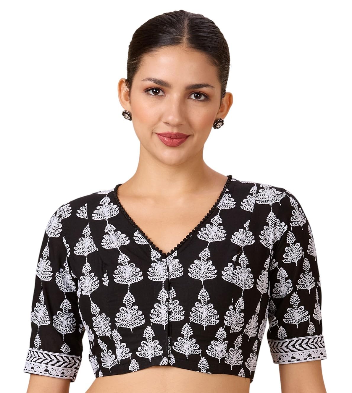 studio shringaar Women's Black Cotton Petal Chikankari Readymade Saree Blouse-picture-35