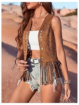Verdusa Women's Fringe Faux Suede Vest Casual Open Front