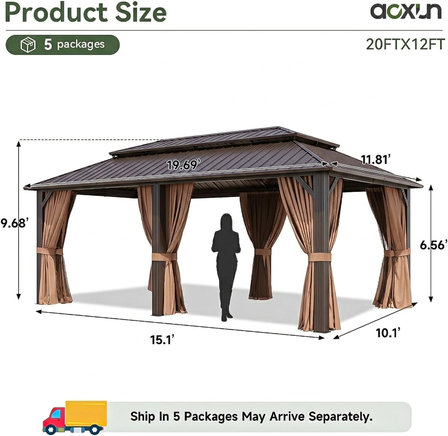 Aoxun 12’x20’ Hardtop Gazebo, Permanent Metal Pavilion with Galvanized Steel Double Roof, Outdoor Pregola with Nettings and Curtains for Lawn, Garden, Patio (Brown)
