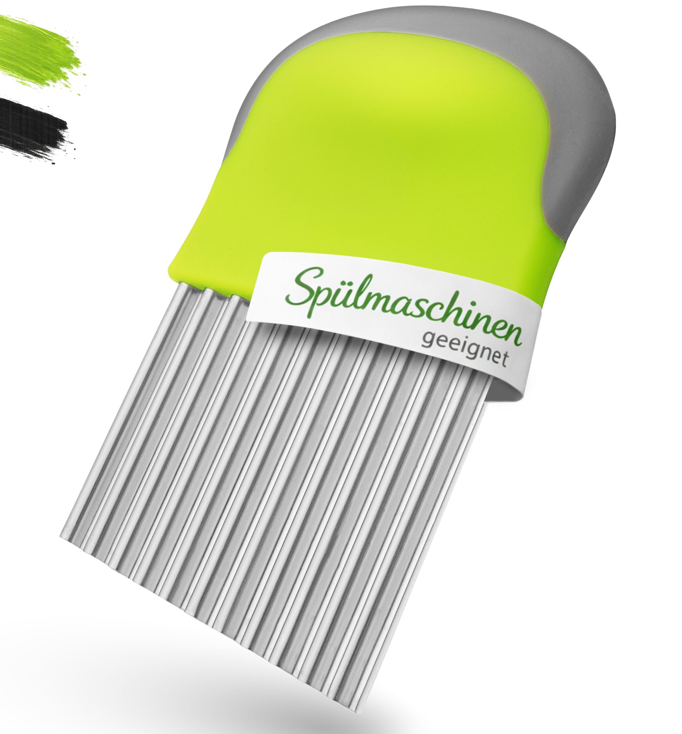 Villkin Wellenschneider aus Edelstahl - Spülmaschinengeeignet - Ergonomischer Griff für sicheren Halt - Für Kartoffeln, Gemüse und Obst – Gleichmäßige Wellen- und Riffelschnitte (1x Grün-Grau)