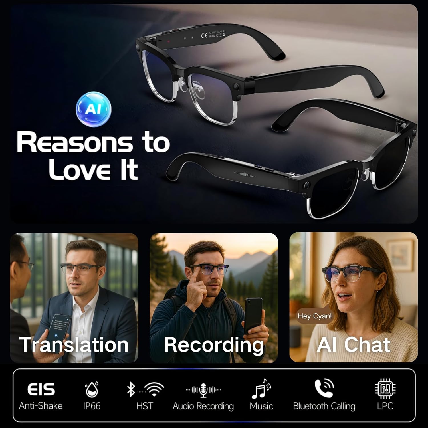 Smart Camera Glasses with Blue Light Lenses–8MP Hands-Free Photo&Video,AI Object Recognition with Voice Feedback,Real-Time Translation,Open-Ear Bluetooth Audio&Calls,IP65 Half-Frame Design