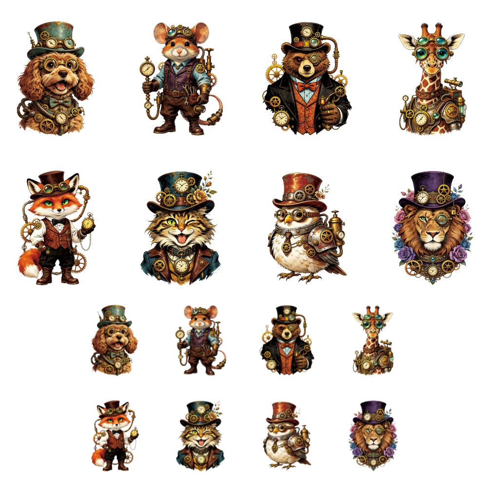 ANATTASOUL 16Pcs Steampunk Animal Iron on Transfers for T-Shirts DIY Craft