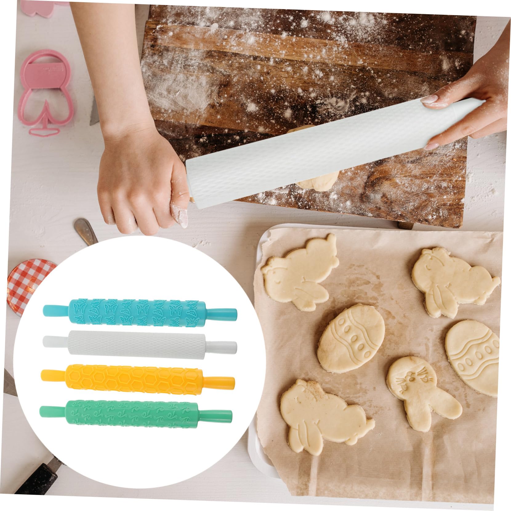 COLLBATH Geprägte Kunststoff Teigrolle 4 Stück mit Antirutschgriff Backwalze für Kekse Pasta Lebensmittelecht für Selbstgemacht Fondant Gebäck Zufällige Farbe