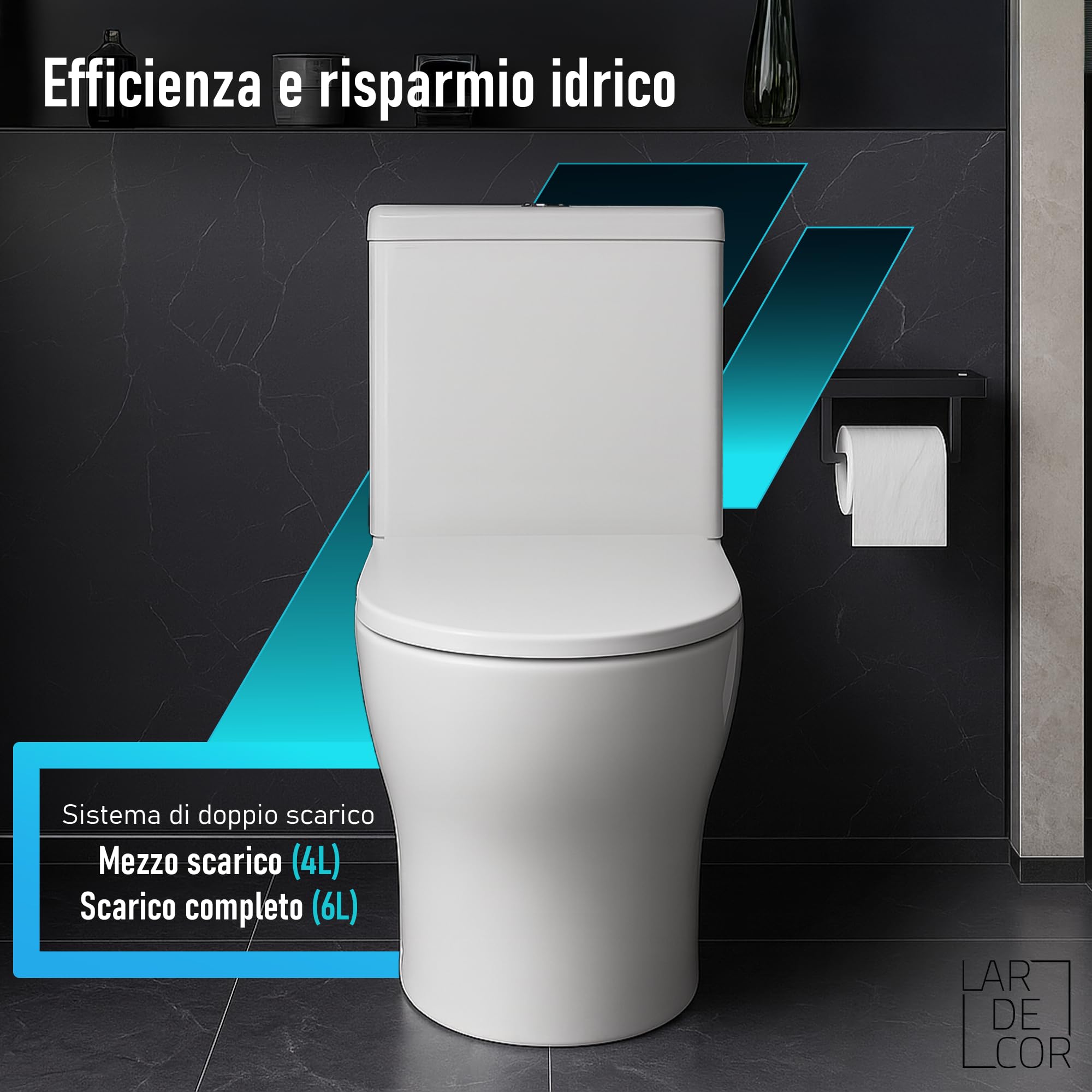 WC Completo Rimless | 605×370×800 mm | Sanitari Bagno in Ceramica a Terra con Sedile Duro Ultra Sottile, Funzione Soft-Close, Scarico Doppio a Risparmio Idrico e Uscita Duale (Bianco)