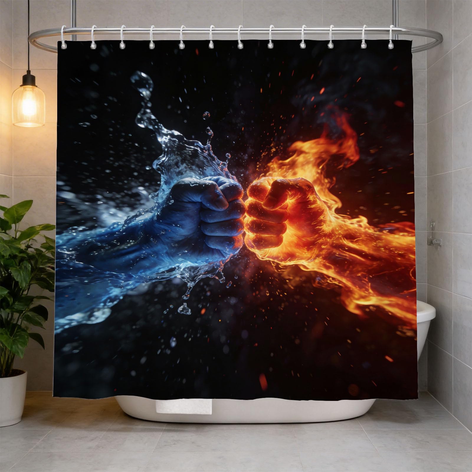 Hongduo 3D Fire Ice Fist Shower Curtain for Stalls Bathtubs Sci-Fi Illustration Bathroom Decor Shower Curtain Set Polyester Fabric Waterproof 180x180cm/71X71 Inch with Hooks